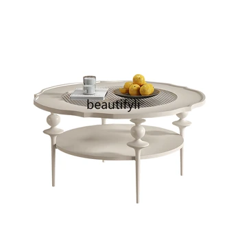 Чайный столик из массива дерева Лепестки круглые Маленький приставной столик для квартиры Чанхун Стекло Кремовый Белый Средняя Древняя мебель