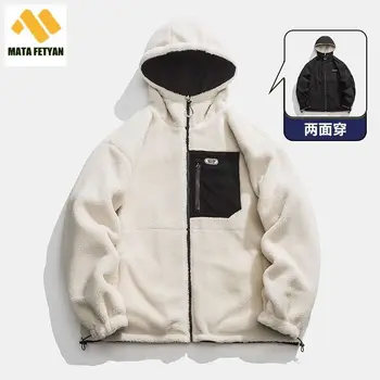 Зимняя японская двусторонняя куртка из овечьей шерсти Мужская мода на открытом воздухе Белая плюшевая утолщенная теплая двусторонняя мужская куртка