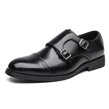 Мужская британская деловая обувь Кожаные формальные туфли-броги Мужская обувь монахов с двойной пряжкой Оксфорды Черно-коричневые свадебные туфли