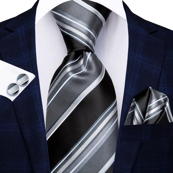 Hi-Tie Полосатый Черный Серый Шелковый Роскошный Галстук Для Мужчины Аксессуар Мужчины Мода Галстук Носовой Платок Запонка Для Смокинга Классический Подарок