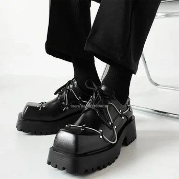 Funky Шнуровка Кожаная платформа Квадратный носок Мужские ботинки Trooper Резиновые сапоги Унисекс Короткие ботильоны Плюс размер 35-45 Обувь Bota