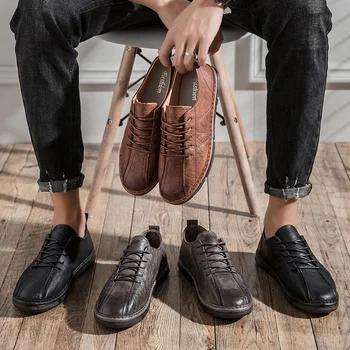 Кожаная обувь на шнуровке Мужская высококачественная повседневная мужская обувь на плоской подошве Удобные кроссовки для ходьбы на открытом воздухе 2021 Новинка