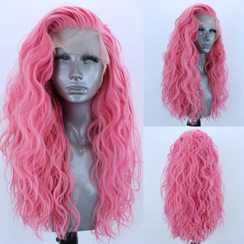 UNIQUEWIG Розовые парики с длинными волосами Волнистый синтетический кружевной передний парик для женщин Боковая часть Термостойкое волокно Бесклеевой косплей Вечеринка Парики