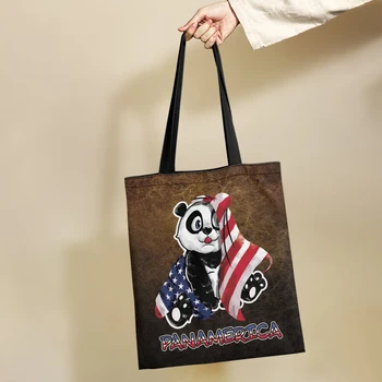Yikeluo Женская эко-сумка Мультяшная панда Американский флаг Печатная сумка для покупок Продуктовая сумка большой емкости Сумка для ключей через плечо