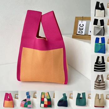  Трикотажная сумка ручной работы Женская мини-сумка на запястье с мини-узлом Японская повседневная цветная сумка в клетку с широкой полосой Студенческие многоразовые сумки для покупок