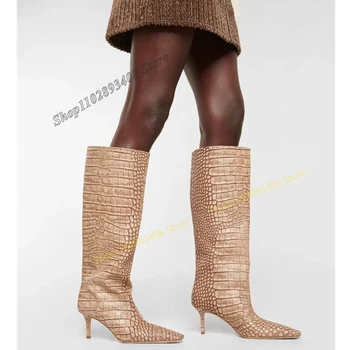 Обнаженные сапоги до колена со змеиным принтом Низкий низкий тонкий высокий каблук Сплошная женская обувь на молнии 2023 Новая мода Сексуальный Zapatos Para Mujere