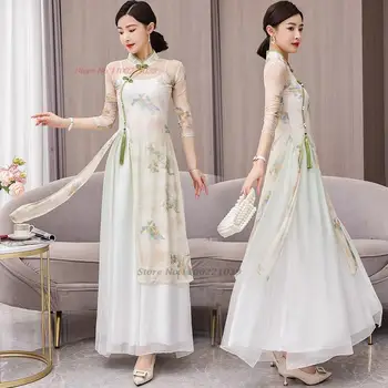 2024 китайский винтажный танцевальный костюм национальный цветочный принт танец шифоновое платье qipao + брюки комплект восточное сценическое платье