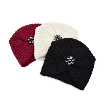 Богемный стиль Зимняя шерстяная шляпа с бриллиантовым цветком Вязаная шапка Европейская и американская женская кепка-тюрбан Трикотажный пуловер