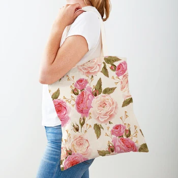 Двусторонняя женская сумка для покупок Мультяшная розовая цветочная птица сумка многоразовая сумка с цветочным принтом Повседневная холщовая сумка для покупок