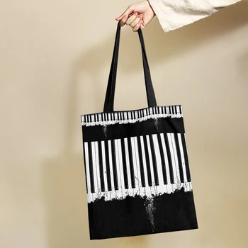 Yikeluo Черно-белые клавиши пианино 3D дизайн Женский экологически чистый пакет для покупок Подарочная сумка для любителей музыки Повседневная сумка через плечо для девочек