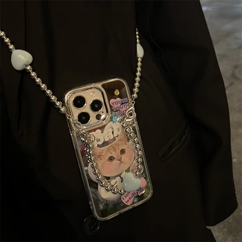 Cat Mirror Pearl Love Ремешок через плечо для телефона для iPhone 12 13 11 14 Pro Max Plus