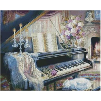 Amishop Высочайшее качество прекрасное красивое набор для вышивки счетным крестом пианино цветок белая кошка котенок свеча