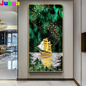 Зеленый вход Картина Золотая Лодка 5D DIY Алмазная Живопись Полный Квадрат Круглый Алмаз Воплощение Художественная Мозаика Вышивка Крестом