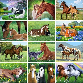 Цифровой набор для рисования маслом DIY Заполните и покрасьте луговых лошадей по номерам, подходящим для украшения дома вручную для взрослых
