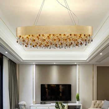 Новая современная хрустальная люстра для столовой овального дизайна, кухонный остров, висячая хрустальная лампа, золотой домашний декор, светодиодный хрустальный блеск