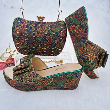  Новый итальянский дизайн Пейсли Узор Зеленый цвет Женская обувь и сумки, соответствующие вечерней моде и удобному среднему каблуку