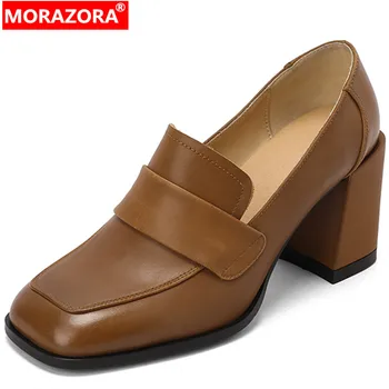 MORAZORA 2022 Новая обувь из натуральной кожи с квадратным носком Женская ретро квадратная обувь на высоком каблуке Обувь Slip On Office Ladies Simple Pumps