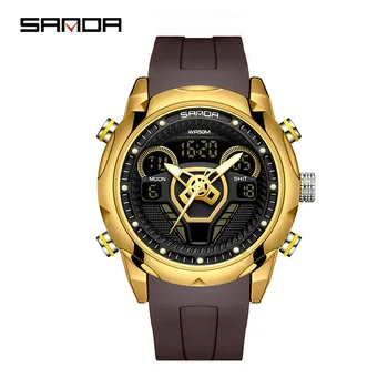 SANDA 9022 Новый продукт Наручные часы с двойным дисплеем для мужчин Многофункциональные модные спортивные светящиеся светодиодные электронные водонепроницаемые часы