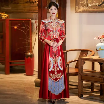 Ретро Китайское свадебное платье Вышивка Традиционный Cheongsam Винтаж Красный Формальный Qipao Женщины Мужчина Восточный стиль Тан Костюм