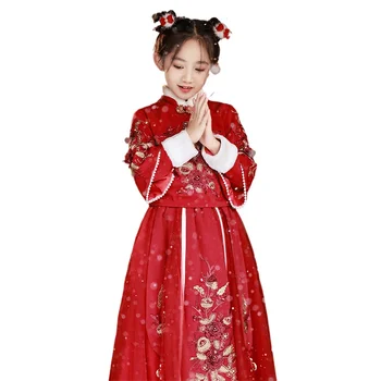 Китайский стиль Древний Детский Ханьфу 2023 Новая Зима Маленькая Девочка Тан Платье Год Одежда Утолщенная изоляция Красный Платье Комплект