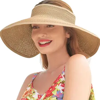 Шляпа от солнца Летняя шапка UPF 50+ Рулонный соломенный солнцезащитный козырек с широкими полями для женщин