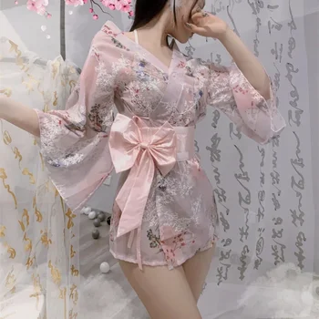 Сексуальная вышивка Сакура Кимоно Японская одежда Соблазнительная Розовый Синий Классический прозрачный халат Страсть Халат Пояс Пижама Костюм