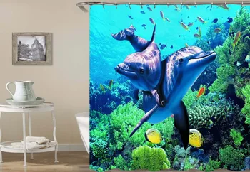 Забавная рыба Дельфин Кит Коралловый риф Занавеска для душа Подводный Море Животное Морской пейзаж Шторы для ванной комнаты Моющийся домашний декор Морской