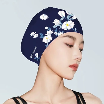 Увеличенная версия Силиконовая шапочка для плавания Женская водонепроницаемая не удушающая Длинные волосы Защита ушей Плавание Цветок Женщины Печать