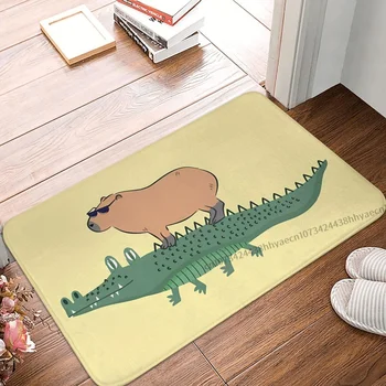 Спальный коврик Капибара Верхом на крокодиловом коврике Фланелевый ковер Открытый коврик Украшение дома